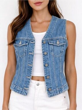 Vintage GAP Denim Vest Y2K Blue Jean Button Front Fitted Western Boho Size Small